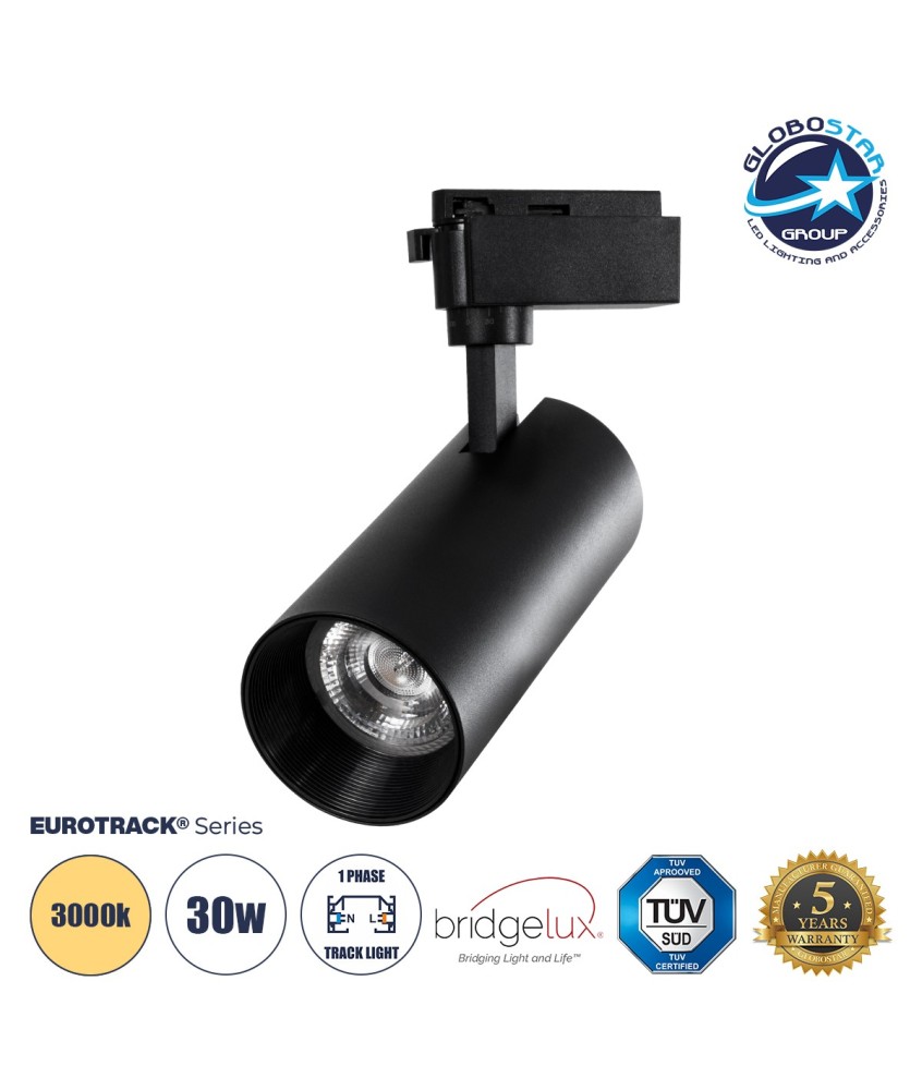 Globostar BEAMTRACK 60817 Μονοφασικό Φωτιστικό Σποτ Ράγας LED 30W 230V 3600lm 30° Acrylic HQ LENS AC 220-240V IP20 Φ7.4 x Υ17.9cm Θερμό Λευκό 3000k - EUROTRACK® System 1L+1N - Μαύρο - Bridgelux Chip - TUV Certified Driver - 5 Χρόνια Εγγύηση